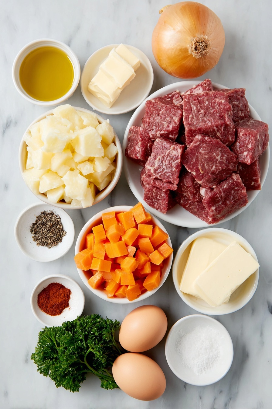 Flat lay of a mound of diced golden potatoes, a pile of rich red diced corned beef, bright orange diced carrots, a whole yellow onion with a smooth skin, four whole brown eggs with clean shells, small white bowls containing golden olive oil, bright red paprika powder, fine white table sugar, light tan garlic powder, three pats of creamy butter, a small white bowl of coarse salt, a small white bowl of cracked black pepper, and a small bunch of fresh green parsley leaves all arranged symmetrically on simple white ceramic dishes and bowls, placed on a clean white marble surface, soft natural light, photo taken with an iPhone, professional food photography style, fresh ingredients, white ceramic bowls, no bottles, no duplicates, no utensils, no packaging --ar 2:3 --v 7 --p m7354615311229779997 - Corned Beef Hash with Eggs, hearty breakfast recipe, crispy hash potatoes, easy breakfast ideas, leftover corned beef dishes