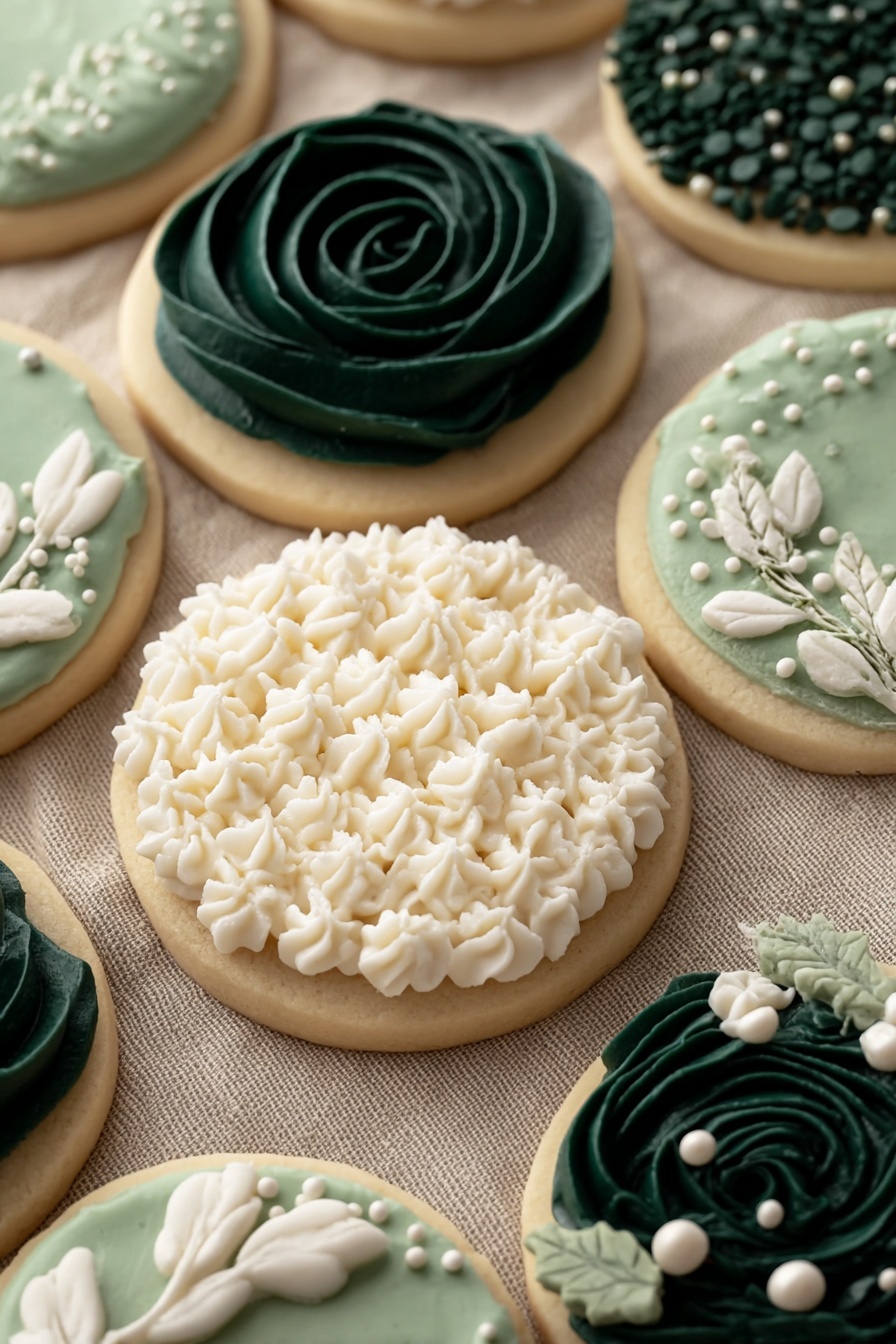 A collection of round sugar cookies with smooth, light beige bases and varied frosting designs sits on a textured beige cloth. One cookie features a dense layer of creamy white piped swirls and dots arranged closely in a patterned texture covering the entire top. Surrounding cookies display frosting in soft green and dark forest green shades, decorated with small white pearl-like sprinkles. Some cookies have smooth green frosting bases with scattered sprinkle clusters, others show dark green rose-shaped swirled frosting, and one presents a combination of green leaves and white floral shapes made from piped frosting. The overall look is elegant and delicate with soft matte and slightly shiny icing textures. photo taken with an iphone --ar 2:3 --v 7 - Easy Buttercream Frosting for Sugar Cookies, buttercream frosting recipe, sugar cookie frosting, homemade frosting for cookies, simple buttercream frosting