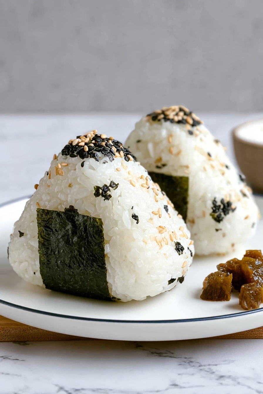 Two triangular white rice balls are placed on a white plate with a thin blue rim, sitting on a white marbled surface. Each rice ball is speckled with black sesame seeds on the top and has a dark green seaweed strip wrapped around the base. To the right side of the plate, there are small brown chunks of what appears to be a side dish. The background shows a light grayish-white color with a faint marbled look. photo taken with an iphone --ar 2:3 --v 7 - Chicken Teriyaki Onigiri, Japanese rice balls, savory onigiri filling, homemade onigiri recipe, portable Japanese snacks