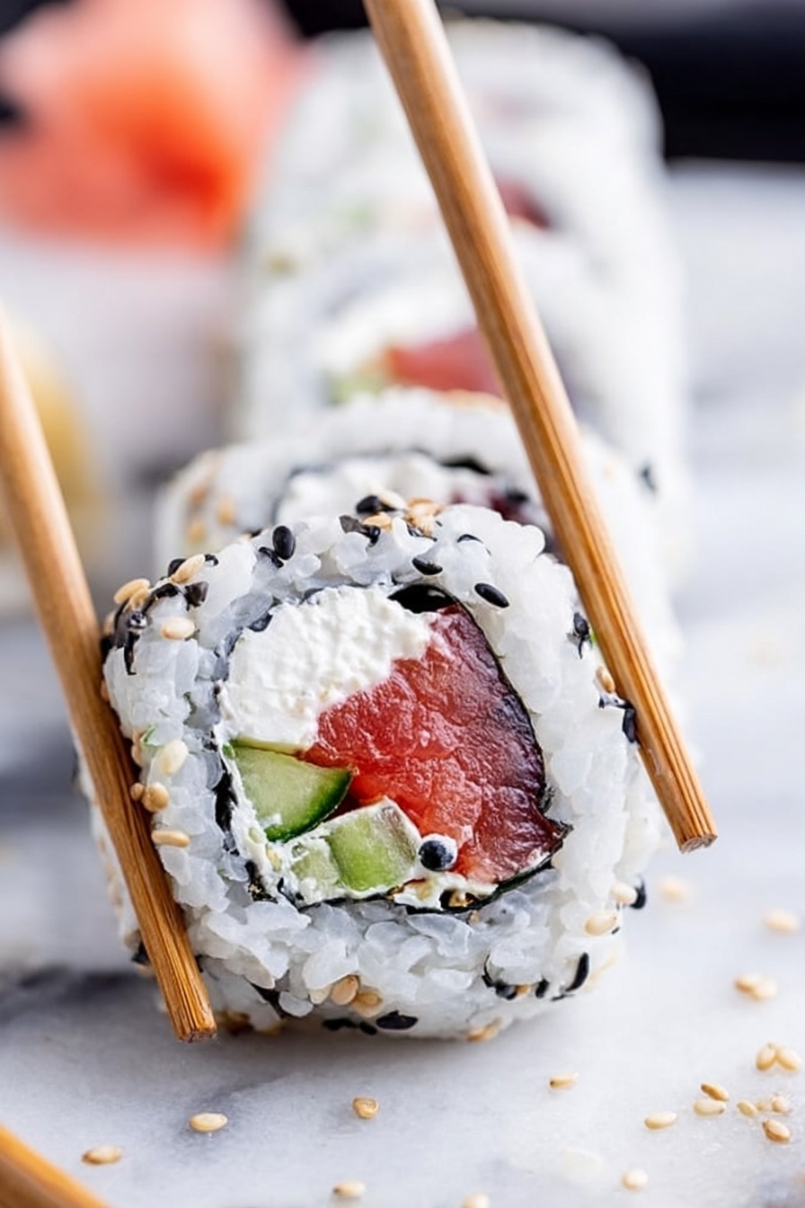 The image shows a close-up of a sushi roll held by a pair of light brown chopsticks. The roll has three visible layers: an outer layer of white rice speckled with black sesame seeds, a thin middle layer of dark seaweed, and an inner layer filled with cream cheese, bright red raw fish, and small green cucumber pieces. The sushi roll is placed on a white marbled surface with scattered sesame seeds around it. In the background, there are small blurred pieces of light pink pickled ginger. The photo looks sharp and bright, taken with an iphone --ar 2:3 --v 7 - Cream Cheese Salmon Sushi Rolls, salmon sushi rolls, homemade sushi, Easy salmon sushi, sushi roll recipe