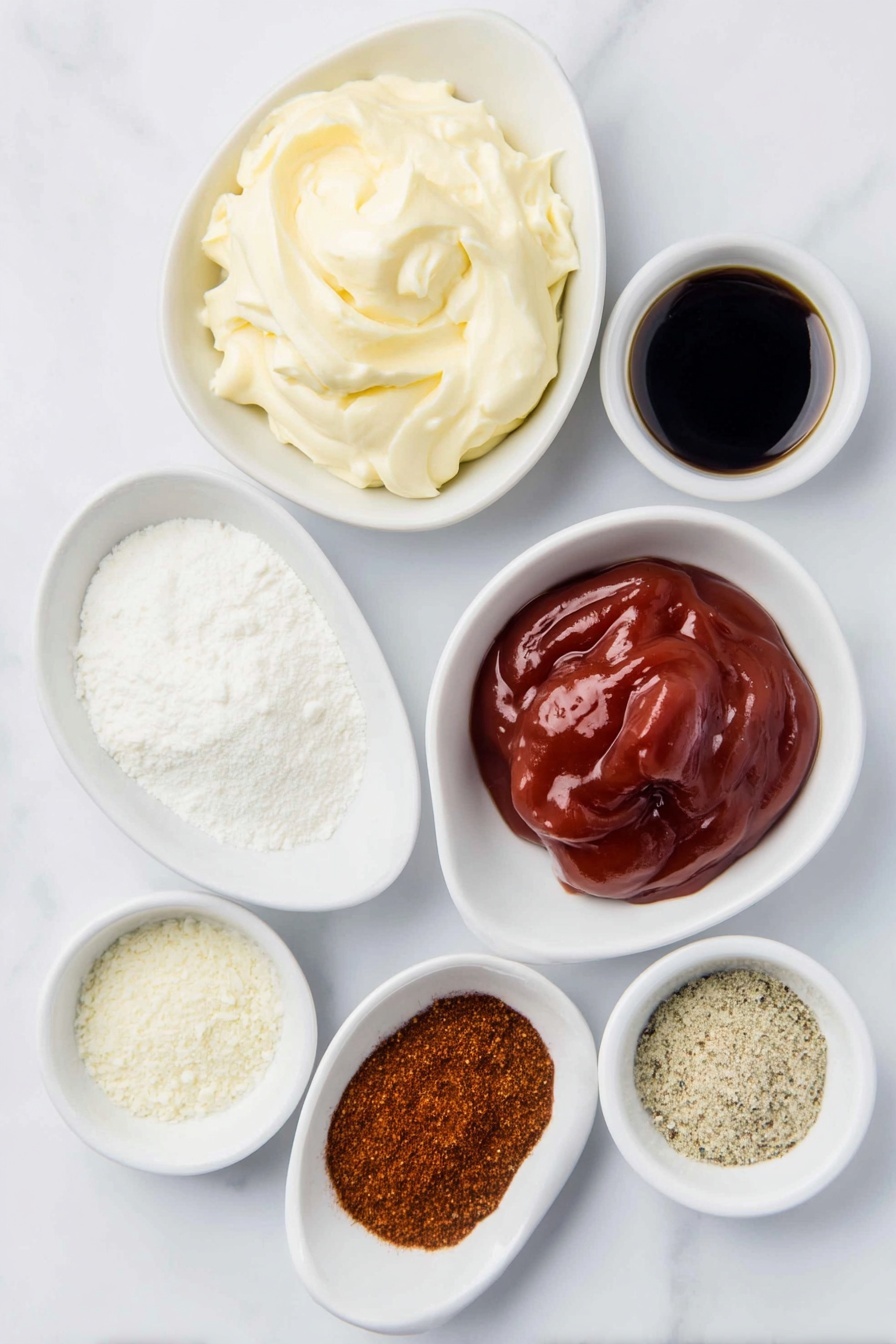 Flat lay of a small white ceramic bowl filled with creamy mayonnaise, a small white ceramic bowl of bright red ketchup, a small white ceramic bowl holding fine white garlic powder, a small white ceramic bowl with freshly ground black pepper, a small white ceramic bowl of clear white vinegar, a small white ceramic bowl containing dark Worcestershire sauce, a small white ceramic bowl with pale beige onion powder, and a small white ceramic bowl of reddish-brown Creole seasoning, all arranged symmetrically and balanced, placed on a clean white marble surface, soft natural light, photo taken with an iPhone, professional food photography style, fresh ingredients, white ceramic bowls, no bottles, no duplicates, no utensils, no packaging --ar 2:3 --v 7 --p m7354615311229779997 - Copycat Raising Cane's Dipping Sauce, Raising Cane's sauce copycat, homemade Cane's dipping sauce, easy Raising Cane's sauce recipe, best chicken dipping sauce