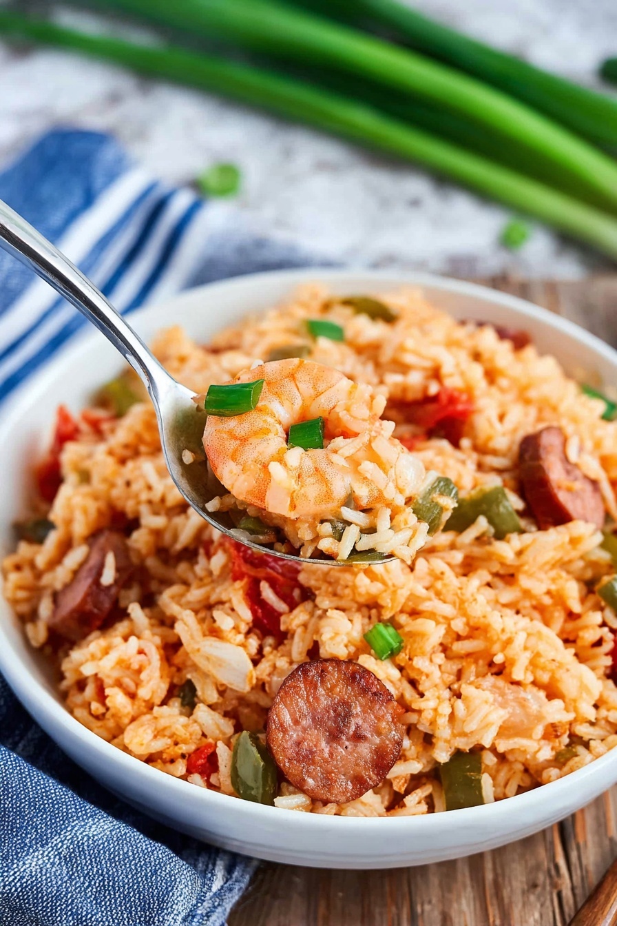 A white bowl filled with orange-colored rice mixed with sliced brown sausage, pink shrimp, small green pepper pieces, and bits of red tomato, showing a textured mix of soft rice and chunky ingredients. A silver spoon holds a scoop of the rice mixture with visible grains, bright green onion bits, and a small shrimp, held near the bowl in the center. The bowl is placed on a wooden surface with a blue cloth with white stripes nearby, and green onions are blurred in the background on a white marbled texture. Photo taken with an iphone --ar 2:3 --v 7 - Instant Pot Jambalaya, Cajun Instant Pot dinner, easy jambalaya recipe, one-pot Cajun rice dish, quick seafood and sausage jambalaya