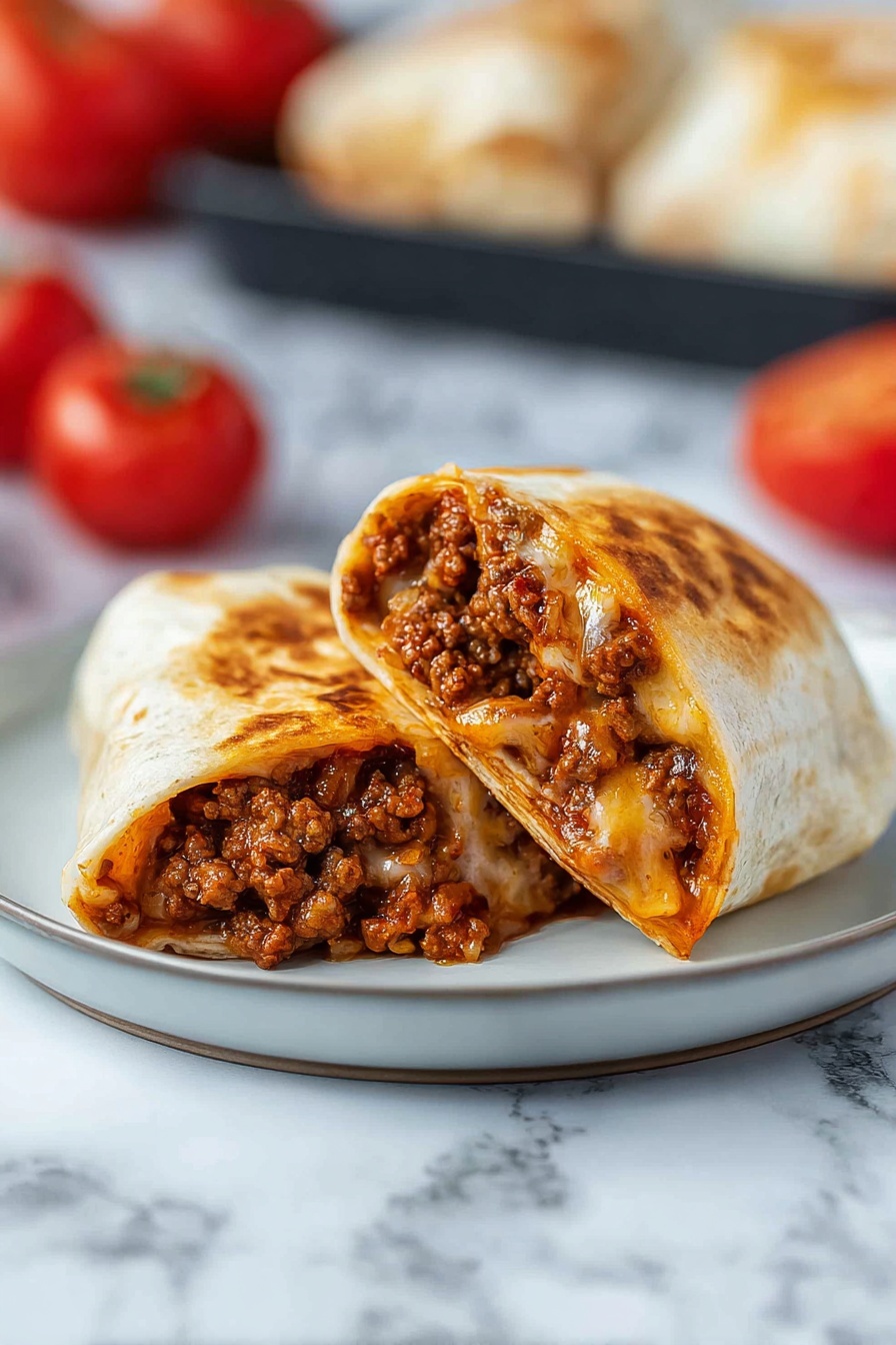 Two halves of a burrito are placed on a white plate, showing a rich filling inside. The burrito has a slightly browned, soft tortilla wrap as the outer layer. Inside, the filling has two clear layers: a deep brown ground meat mixed with small bits of tomato and spices, and a light creamy layer of melted cheese that stretches slightly at the edges. The overall texture looks warm and soft with the meat filling slightly chunky and moist. In the blurred background, there are whole red tomatoes and more burritos on a black tray against a white marbled surface. Photo taken with an iphone --ar 2:3 --v 7 - Cheesy Pepperoni Pizza Rolls, easy pizza roll recipes, cheesy snack ideas, baked pizza rolls, kid-friendly pizza snacks