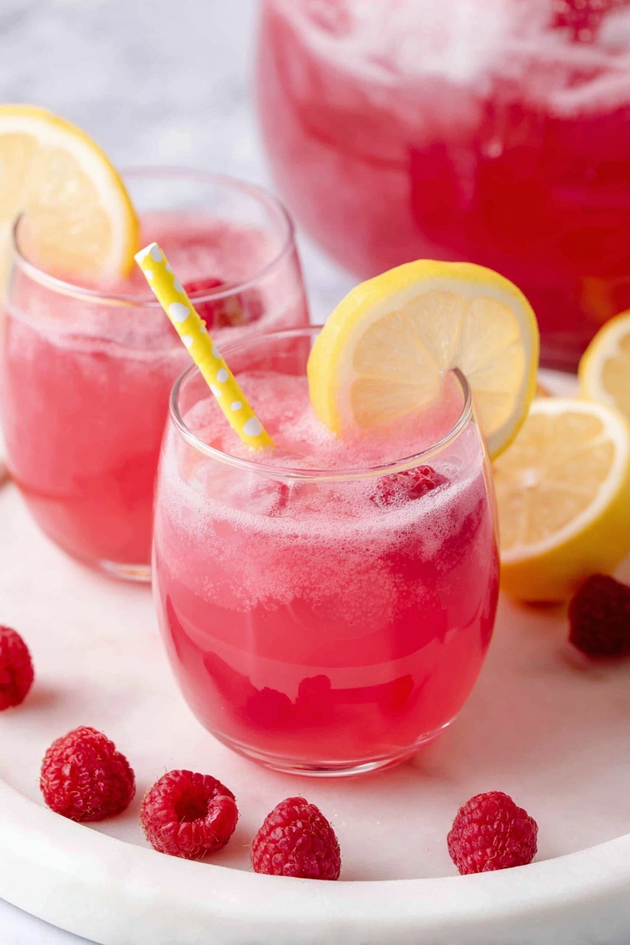 The image shows two clear glasses filled with a foamy, bright pink drink that has a slightly thick texture. Each glass has a slice of lemon placed on the rim and a yellow straw with white dots. Inside the drinks, there are some raspberries floating near the top and a few more raspberries scattered around the glasses on a round white marble tray. In the background, there is a clear punch bowl filled with the same pink drink on a white marble surface, creating a fresh and vibrant look. photo taken with an iphone --ar 2:3 --v 7 - Baby Shower Raspberry Lemonade Punch, raspberry lemonade punch, festive non-alcoholic punch, easy party drinks, refreshing celebration beverages