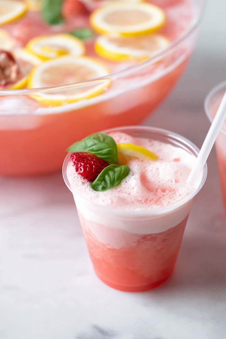 The image shows a clear cup filled with a pink frothy drink that has two visible layers: a thicker, deeper pink layer at the bottom and a lighter, foamier pink top layer. On top, there is a lemon wedge, a small green basil leaf, and a slice of strawberry resting on the foam. A white straw is placed inside the cup. Behind the cup, there is a large clear bowl filled with the same pink drink and lemon slices floating on top, all set on a white marbled surface. Photo taken with an iphone --ar 2:3 --v 7 - Pink Strawberry Sherbet Punch, strawberry sherbet punch, summer fruit punch, bubbly strawberry drink, party punch recipes