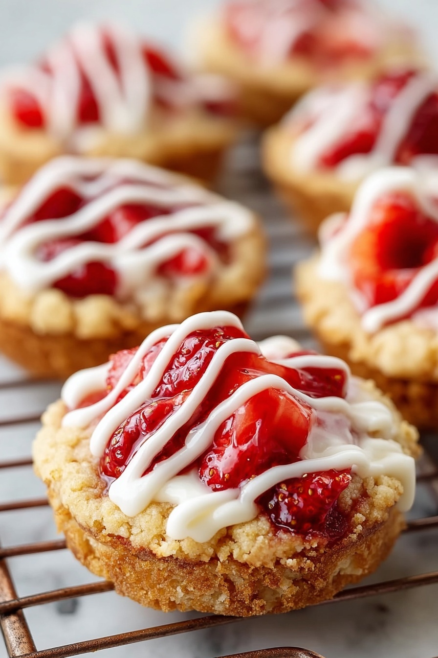 The image shows several small round desserts sitting on a metal cooling rack over a white marbled surface. Each dessert has three main layers: a light golden crumbly base, a middle layer of glossy bright red strawberry pieces and strawberry sauce, and a top layer of white icing drizzled in wavy lines. The crumbly base looks rough with small lumps, while the strawberries are shiny and juicy. The white icing adds a smooth contrast on top of the red fruit. The photo focuses sharply on the closest dessert with the others softly blurred in the background. photo taken with an iphone --ar 2:3 --v 7 - Strawberry Shortcake Cookies with Vanilla Glaze, strawberry shortcake cookie recipe, easy strawberry dessert cookies, fruity shortbread cookies, homemade strawberry glaze cookies