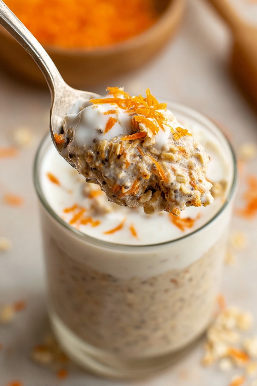 A close-up of a white spoon holding a scoop of a creamy, textured oatmeal mix with visible bits of chia seeds and shredded orange carrot, topped with a thick layer of smooth white yogurt and small shreds of carrot on top. In the background, there is a tall transparent glass filled with the same oatmeal mixture, sitting on a white marbled textured surface with a few scattered carrot shreds around. photo taken with an iphone --ar 2:3 --v 7 - Carrot Cake Overnight Oats, healthy overnight oats, vegan carrot cake breakfast, easy vegan breakfast, wholesome overnight oats