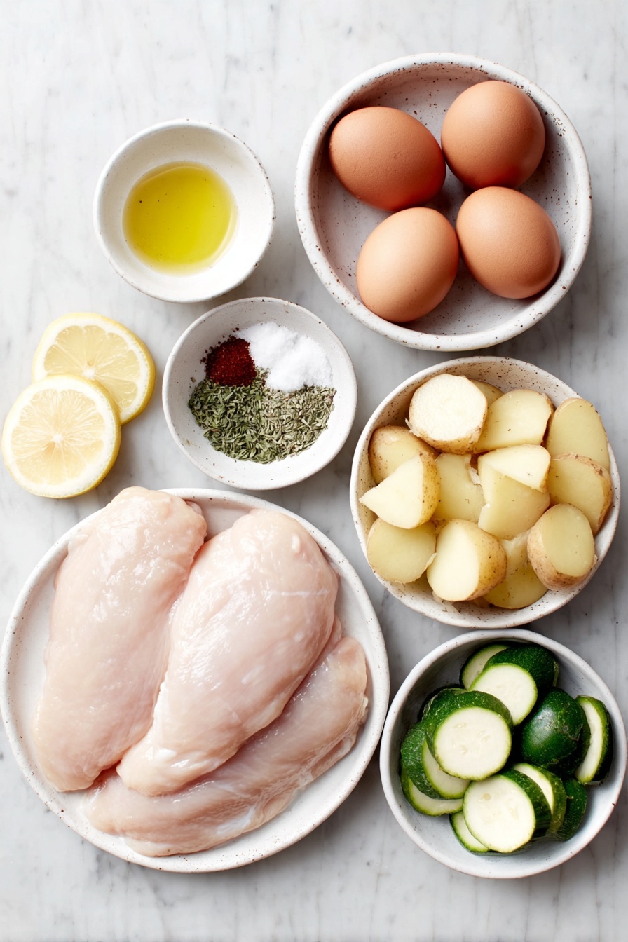 Flat lay of fresh boneless, skinless chicken breasts, bright yellow lemon halves and wedges, whole uncracked brown eggs, small white ceramic bowls containing golden olive oil, minced garlic cloves, dried oregano leaves, paprika powder, coarse salt crystals, cracked black peppercorns, medium yellow potatoes cut into 1-inch pieces, small zucchini sliced into 1-inch rounds, all arranged symmetrically on simple white ceramic plates and bowls placed on a clean white marble surface, soft natural light, photo taken with an iPhone, professional food photography style, fresh ingredients, white ceramic bowls, no bottles, no duplicates, no utensils, no packaging --ar 2:3 --v 7 --p m7354615311229779997 - Lemon Garlic Chicken Meal Prep,healthy chicken meal prep,easy lemon garlic chicken,prep-friendly chicken recipes,healthy weekly meal ideas