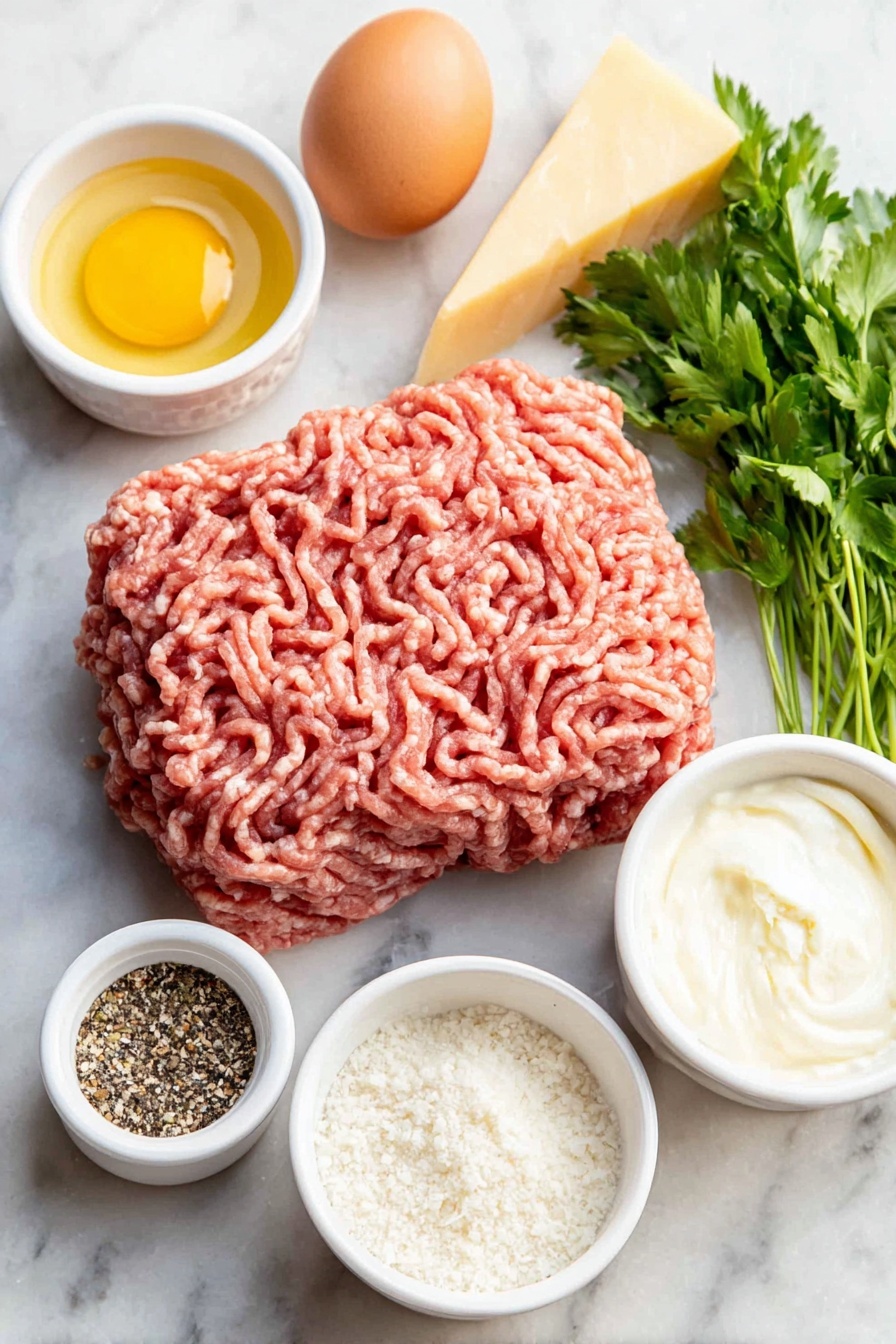Flat lay of fresh ground turkey formed into a rough mound, a single large brown egg with a clean shell, a small white ceramic bowl holding bright green fresh parsley sprigs, another small white bowl containing coarse cracked black pepper, a small white bowl with fine white garlic powder, a quarter wedge of pale yellow Parmesan cheese with a natural rind, a small white bowl of thick heavy cream, a small white bowl of fine white salt crystals, and a small white bowl with granulated white garlic, all arranged with perfect symmetry in natural light on a clean white marble surface, soft natural light, photo taken with an iPhone, professional food photography style, fresh ingredients, white ceramic bowls, no bottles, no duplicates, no utensils, no packaging --ar 2:3 --v 7 --p m7354615311229779997 - Keto Turkey Meatballs with Creamy Parmesan Sauce, keto turkey meatball recipe, low-carb turkey meatballs, keto dinner ideas, gluten-free turkey meatballs