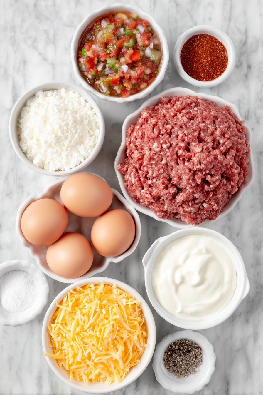 Flat lay of a mound of freshly browned ground beef, a small white bowl of vibrant chunky salsa, a small white bowl of thick heavy whipping cream, four large whole brown eggs with clean shells, a neat pile of shredded bright orange cheddar cheese, a small white bowl of reddish-brown taco seasoning powder, a small white bowl of fine white garlic salt, and a small white bowl of ground black pepper, all arranged symmetrically in perfect proportions on a clean white marble surface, soft natural light, photo taken with an iPhone, professional food photography style, fresh ingredients, white ceramic bowls, no bottles, no duplicates, no utensils, no packaging --ar 2:3 --v 7 --p m7354615311229779997 - Keto Crustless Taco Pie, low-carb taco casserole, keto taco bake, gluten-free taco pie, keto dinner ideas