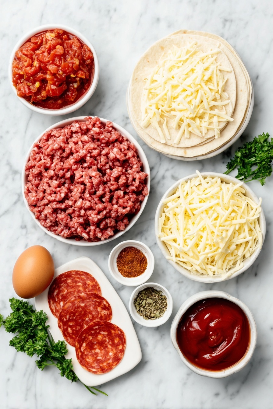 Flat lay of a small bowl of crushed bright red tomatoes, a small bowl of deep red tomato paste, a handful of fresh flat-leaf parsley sprigs, a small white bowl containing dried oregano leaves, a small white bowl with a mixed blend of onion powder, garlic powder, and smoked paprika finely ground, a mound of raw lean ground beef in natural red and pink hues, coarsely chopped slices of vibrant red pepperoni, a neat pile of shredded low-fat mozzarella cheese in creamy white strands, six large plain white flour wraps stacked evenly, whole brown eggs with smooth clean shells, all arranged in perfect symmetry on simple white ceramic bowls and plates placed on a clean white marble surface, soft natural light, photo taken with an iPhone, professional food photography style, fresh ingredients, white ceramic bowls, no bottles, no duplicates, no utensils, no packaging --ar 2:3 --v 7 --p m7354615311229779997 - Cheesy Pepperoni Pizza Rolls, easy pizza roll recipes, cheesy snack ideas, baked pizza rolls, kid-friendly pizza snacks