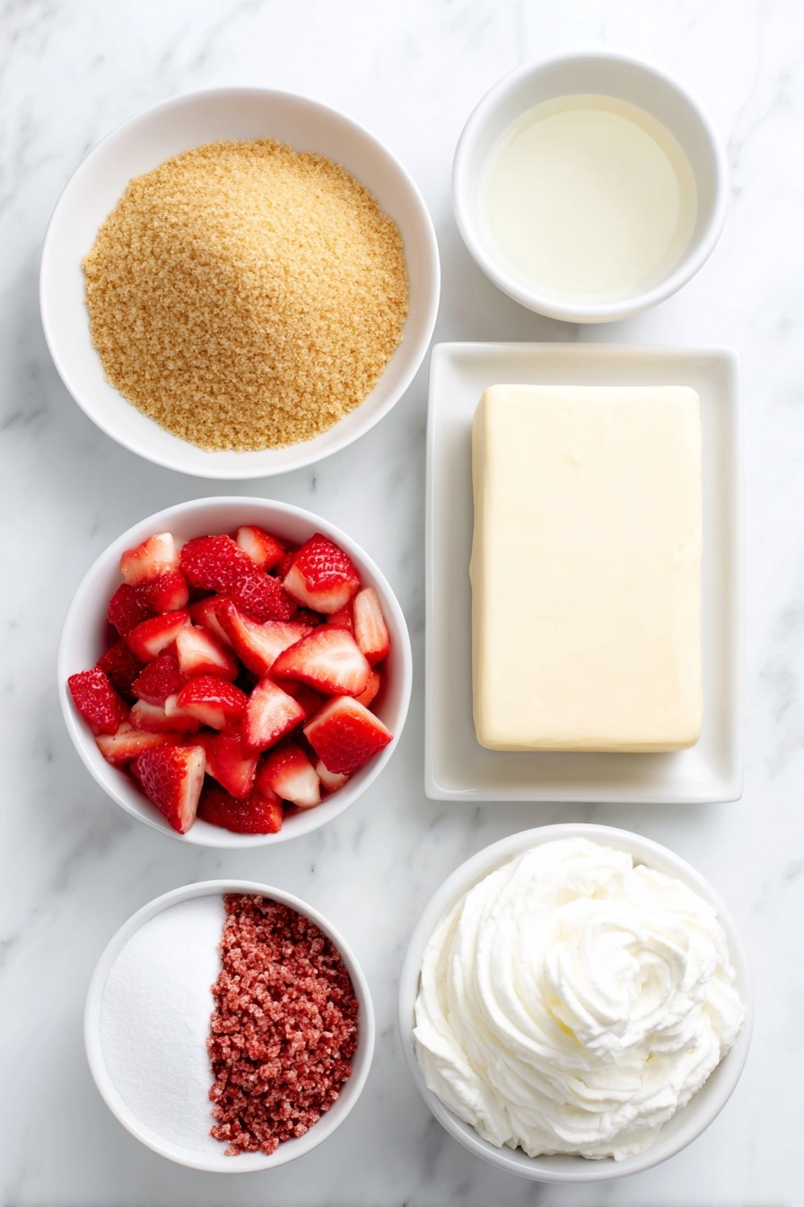 Flat lay of a small mound of golden graham cracker crumbs, a half cup of melted unsalted butter in a small white bowl, a block of smooth cream cheese with a pale cream color, a small white bowl filled with fine white powdered sugar, a small white bowl holding clear vanilla extract, a small white bowl of fluffy white whipped topping, a small pile of bright red fresh strawberries diced into small pieces, and a small white bowl filled with reddish-pink strawberry crunch topping, all arranged in perfect symmetry on simple white ceramic dishes placed on a clean white marble surface, soft natural light, photo taken with an iPhone, professional food photography style, fresh ingredients, white ceramic bowls, no bottles, no duplicates, no utensils, no packaging --ar 2:3 --v 7 --p m7354615311229779997 - Strawberry Cheesecake Bites, easy cheesecake dessert, fruity no-bake treats, bite-sized strawberry cheesecake, no-bake strawberry dessert