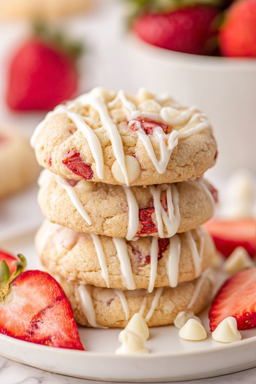 A stack of four round cookies sits on a white plate on a white marbled surface. Each cookie is light golden with visible chunks of red strawberries and white chocolate chips inside. The top of each cookie is decorated with thin white icing drizzled in even lines across. There are fresh whole and sliced strawberries around the stack, adding bright red and green color to the scene. Some white chocolate chips lay scattered near the base of the plate. The image has a soft focus background that includes more strawberries and part of a white bowl. photo taken with an iphone --ar 2:3 --v 7 - Strawberry Shortcake Cookies, strawberry shortcake cookies recipe, easy strawberry cookies, summer dessert cookies, juicy strawberry cookie recipe