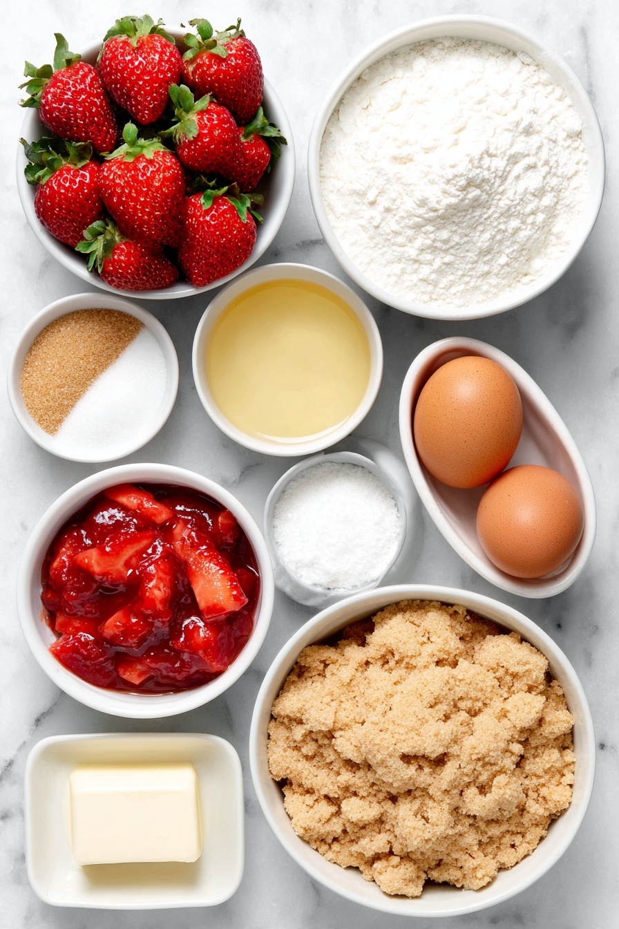 Flat lay of fresh whole strawberries scattered naturally, a small white ceramic bowl filled with bright red chopped strawberries in compote, a small white ceramic bowl containing golden melted butter, a small white ceramic bowl with fine white sugar crystals, a small white ceramic bowl holding light brown packed sugar, a small white ceramic bowl of soft plain flour, a small white ceramic bowl featuring sifted powdered sugar, a small white ceramic bowl with heavy cream, a small white ceramic bowl with milk, a single large whole egg with a clean shell, a small white ceramic bowl containing golden shortbread crumbs, and a small white ceramic bowl with clear lemon juice, all arranged in perfect symmetry on a clean white marble surface, soft natural light, photo taken with an iPhone, professional food photography style, fresh ingredients, white ceramic bowls, no bottles, no duplicates, no utensils, no packaging --ar 2:3 --v 7 --p m7354615311229779997 - Strawberry Shortcake Cookies with Vanilla Glaze, strawberry shortcake cookie recipe, easy strawberry dessert cookies, fruity shortbread cookies, homemade strawberry glaze cookies