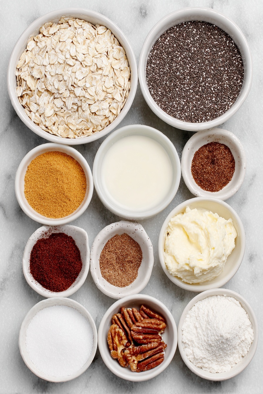 Flat lay of a small white ceramic bowl of rolled oats, a small white ceramic bowl with chia seeds, a small white ceramic bowl holding ground cinnamon, a small white ceramic bowl with ground nutmeg, a tiny white ceramic bowl with a pinch of salt, a small white ceramic bowl filled with creamy oat milk, a small white ceramic bowl of golden maple syrup, a small white ceramic bowl containing smooth vegan cream cheese, a small white ceramic bowl with vanilla bean paste, a small white ceramic bowl filled with freshly peeled and finely grated bright orange carrots, a small white ceramic bowl holding shredded carrots, and a small white ceramic bowl with chopped pecans, all arranged in perfect symmetry and balanced proportions, placed on a clean white marble surface, soft natural light, photo taken with an iPhone, professional food photography style, fresh ingredients, white ceramic bowls, no bottles, no duplicates, no utensils, no packaging --ar 2:3 --v 7 --p m7354615311229779997 - Carrot Cake Overnight Oats, healthy overnight oats, vegan carrot cake breakfast, easy vegan breakfast, wholesome overnight oats