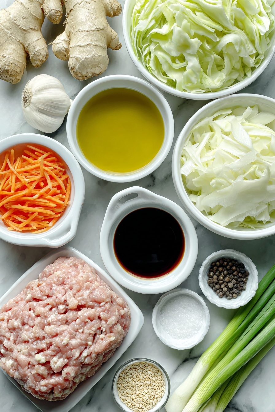 Flat lay of a small white ceramic bowl filled with golden olive oil, a neatly shaped raw ground turkey portion, a small sweet onion whole and unpeeled, a small white ceramic bowl with thinly shredded bright orange carrots, three whole garlic cloves with papery skins, a fresh piece of ginger root with a knobby texture, a small white ceramic bowl containing clear chicken broth, a small mound of finely shredded fresh green cabbage, a small white ceramic bowl with dark amber soy sauce, a small white ceramic bowl holding pale golden rice vinegar, a scattering of coarse salt crystals, a few black peppercorns in a small white ceramic bowl, a small white ceramic bowl with glossy toasted sesame oil, a small white ceramic bowl filled with cooked fluffy white rice, a small bunch of green onions sliced lengthwise to show the vibrant green tops, and a small white ceramic bowl filled with toasted golden sesame seeds all arranged symmetrically, placed on a clean white marble surface, soft natural light, photo taken with an iPhone, professional food photography style, fresh ingredients, white ceramic bowls, no bottles, no duplicates, no utensils, no packaging --ar 2:3 --v 7 --p m7354615311229779997 - Egg Roll in a Bowl, easy egg roll stir-fry, healthy egg roll bowl, quick weeknight dinner ideas, low carb Asian recipes