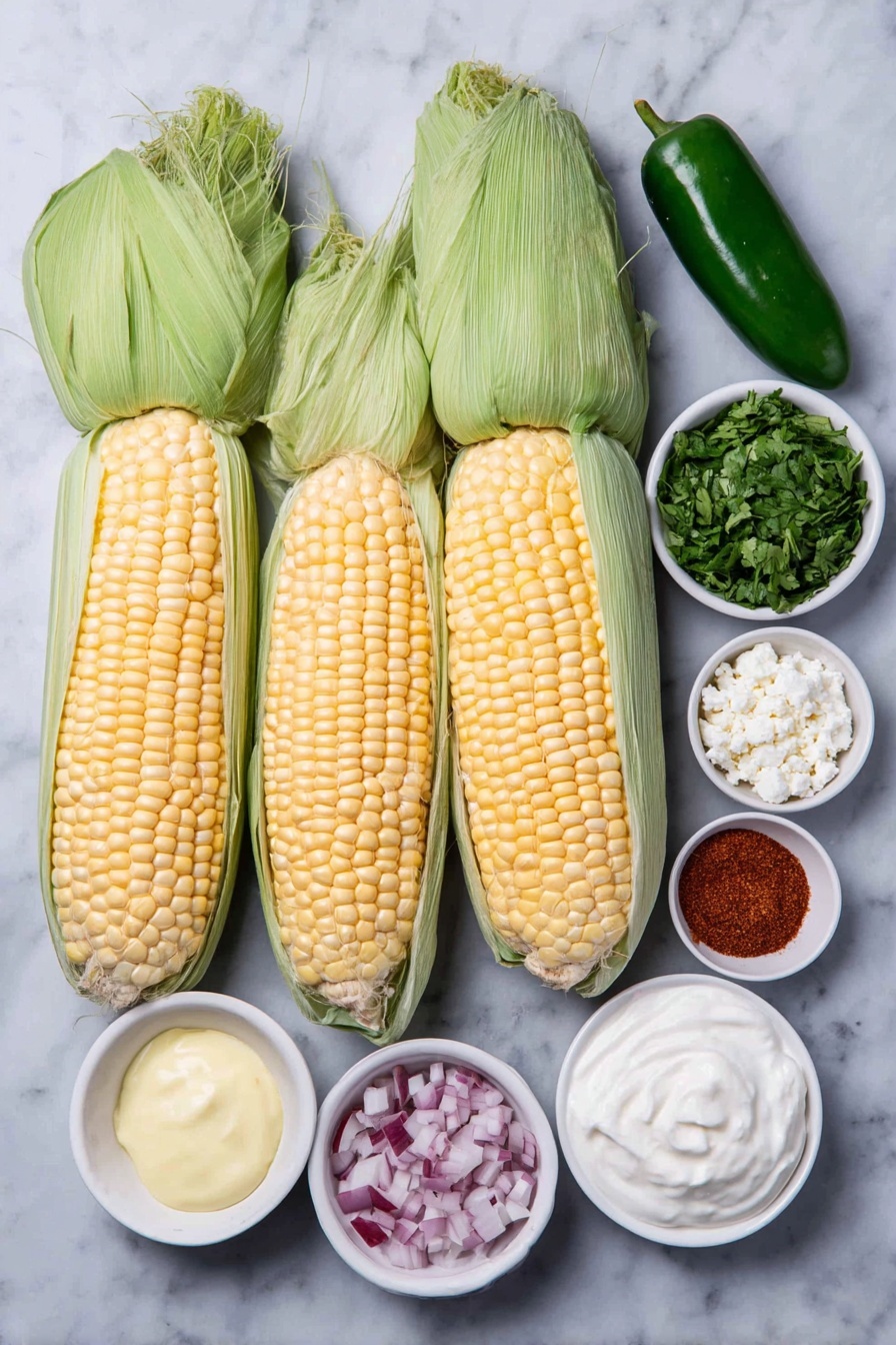 Flat lay of four fresh golden corn ears with green husks partially peeled back, a small mound of bright green chopped cilantro, a small pile of white crumbled cotija cheese, two uncracked brown garlic cloves, one fresh green jalapeno sliced in half showing seeds, a small heap of diced vibrant red onion, a small white ceramic bowl with creamy plain Greek yogurt, another small white bowl containing smooth pale yellow mayonnaise, a small white bowl filled with bright fresh lime juice, and small white bowls each with reddish paprika powder, deep red chili powder, coarse sea salt crystals, and ground black peppercorns, arranged in perfect symmetry on a clean white marble surface, soft natural light, photo taken with an iPhone, professional food photography style, fresh ingredients, white ceramic bowls, no bottles, no duplicates, no utensils, no packaging --ar 2:3 --v 7 --p m7354615311229779997 - Grilled Corn Salad with Greek Yogurt, grilled corn salad, Greek yogurt corn salad, smoky corn salad, easy summer salad