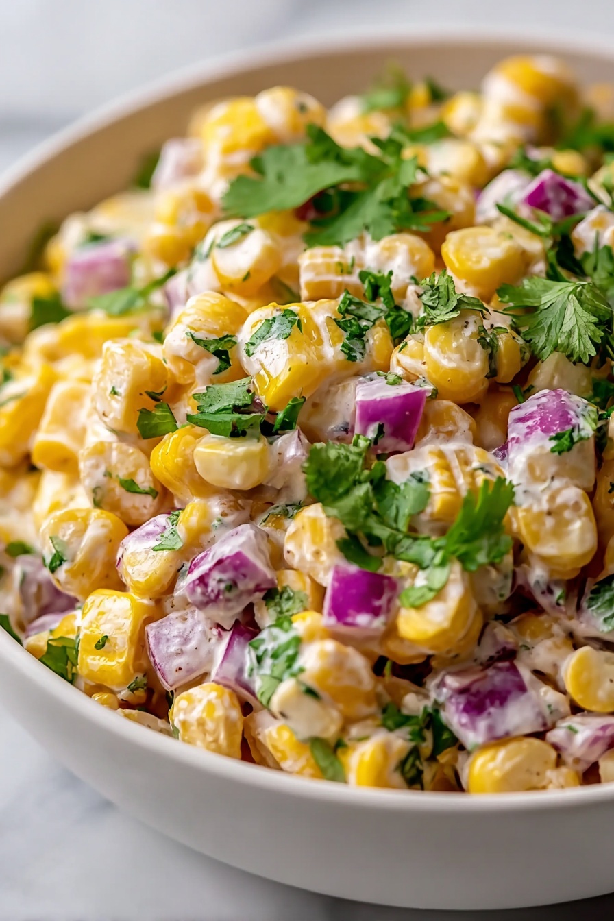 The image shows a close-up of a white bowl filled with a corn salad. The salad has three main layers: bright yellow corn kernels that are plump and shiny, small cubes of purple-red onions, and fresh green cilantro leaves. The ingredients are mixed with a creamy white dressing that lightly coats the corn and onions, adding a smooth texture. The white bowl sits on a white marbled surface, making the colors of the salad stand out vividly. photo taken with an iphone --ar 2:3 --v 7 - Grilled Corn Salad with Greek Yogurt, grilled corn salad, Greek yogurt corn salad, smoky corn salad, easy summer salad