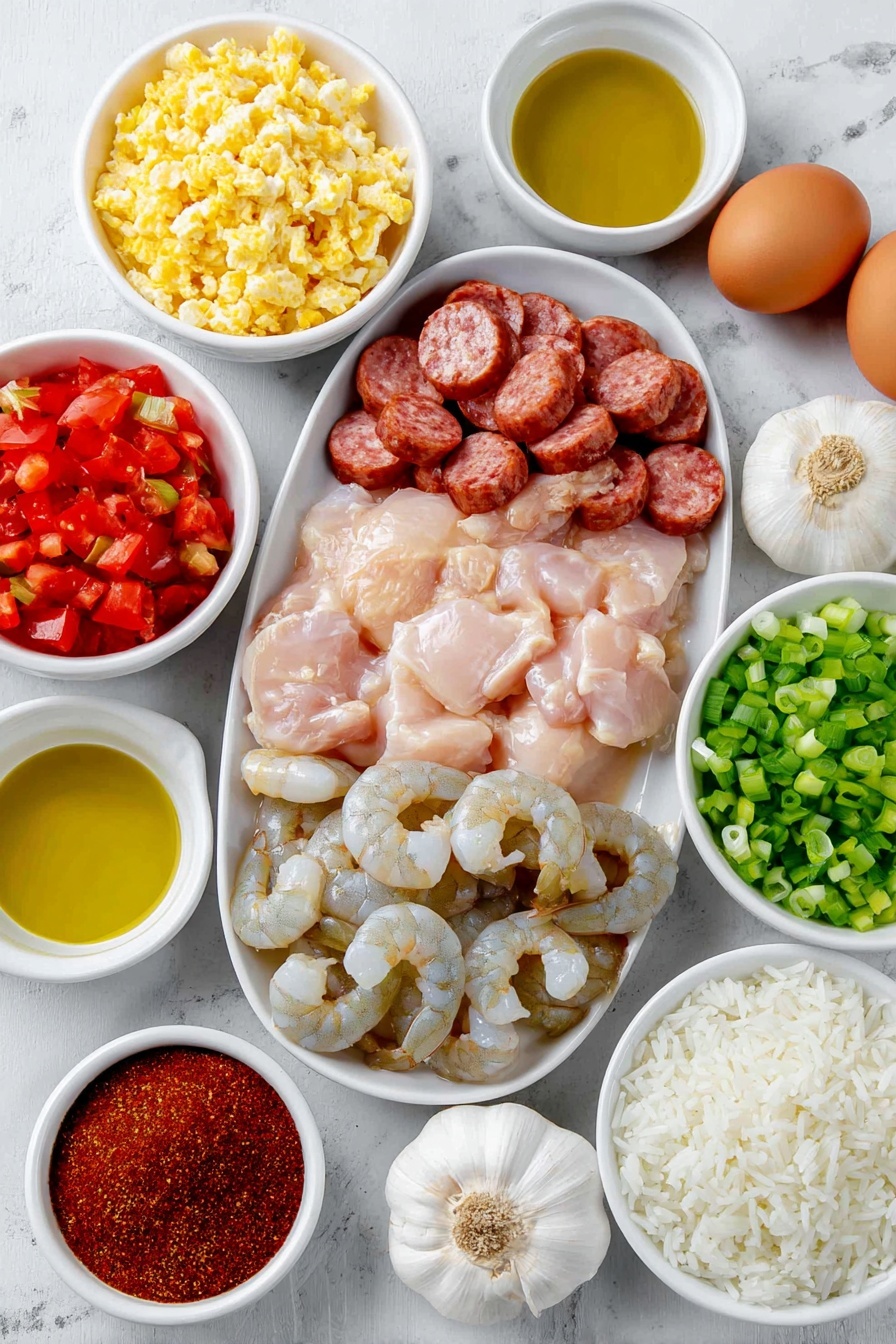 Flat lay of a raw whole chicken breast cut into one-inch pieces on a simple white ceramic plate, several slices of fresh andouille sausage arranged neatly on another white ceramic plate, a small white bowl of golden cooking oil, chopped yellow onion in a white ceramic bowl, chopped green bell pepper in a white ceramic bowl, chopped celery in a white ceramic bowl, thinly sliced white bottoms of green onions and separately the green tops arranged on a white ceramic dish, three whole uncracked garlic cloves beside a small white ceramic bowl with minced garlic, a small white bowl filled with clear chicken broth, long grain white rice in a white ceramic bowl, a small white bowl with freshly diced red tomatoes with juice, a small white bowl containing reddish Cajun seasoning powder, a whole raw peeled and deveined shrimp artistically fanned out on a white ceramic plate, and two uncracked brown eggs placed close by — all arranged with perfect symmetry and realistic proportions, placed on a clean white marble surface, soft natural light, photo taken with an iPhone, professional food photography style, fresh ingredients, white ceramic bowls, no bottles, no duplicates, no utensils, no packaging --ar 2:3 --v 7 --p m7354615311229779997 - Instant Pot Jambalaya, Cajun Instant Pot dinner, easy jambalaya recipe, one-pot Cajun rice dish, quick seafood and sausage jambalaya