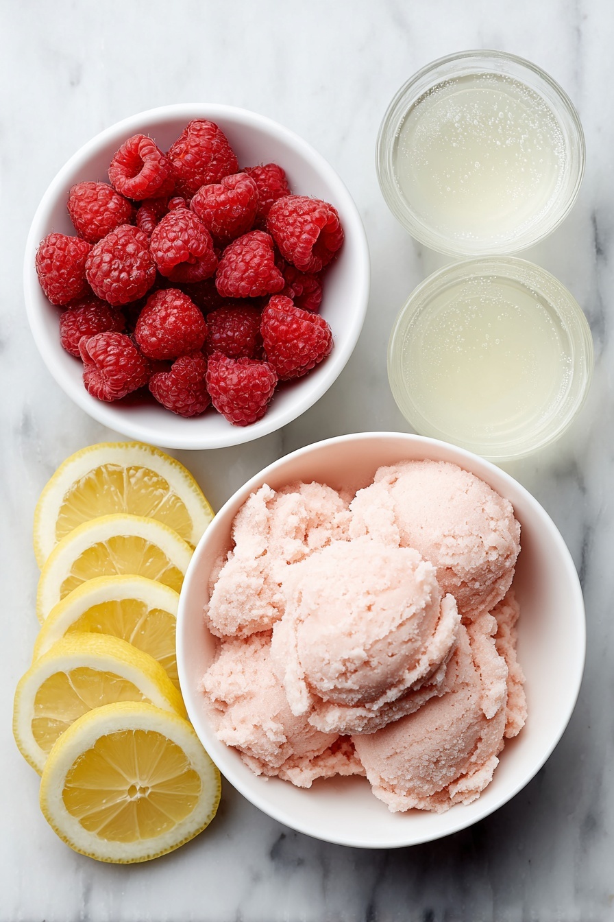 Flat lay of fresh lemon slices arranged neatly, a handful of bright red raspberries, scoops of vibrant pink raspberry sorbet in a simple white ceramic bowl, a small white bowl filled with pale yellow lemonade, and another small white bowl with clear bubbly ginger ale, all placed on a clean white marble surface, soft natural light, photo taken with an iPhone, professional food photography style, fresh ingredients, white ceramic bowls, no bottles, no duplicates, no utensils, no packaging --ar 2:3 --v 7 --p m7354615311229779997 - Baby Shower Raspberry Lemonade Punch, raspberry lemonade punch, festive non-alcoholic punch, easy party drinks, refreshing celebration beverages
