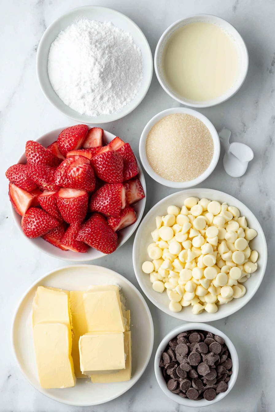 Flat lay of a small mound of all-purpose baking mix on a simple white ceramic plate, a half cup of granulated sugar in a small white bowl, a half cup of creamy half and half in another small white bowl, four tablespoons of melted salted butter in a small white bowl, a cup of freshly chopped ripe strawberries with bright red color arranged neatly on a white ceramic dish, a cup of smooth white chocolate chips spread out on a plain white plate, a small white bowl of coarse raw cane sugar crystals, and a small white bowl holding powdered sugar beside a tiny bowl with a tablespoon of half and half, all elements balanced perfectly in symmetry, placed on a clean white marble surface, soft natural light, photo taken with an iPhone, professional food photography style, fresh ingredients, white ceramic bowls, no bottles, no duplicates, no utensils, no packaging --ar 2:3 --v 7 --p m7354615311229779997 - Strawberry Shortcake Cookies, strawberry shortcake cookies recipe, easy strawberry cookies, summer dessert cookies, juicy strawberry cookie recipe